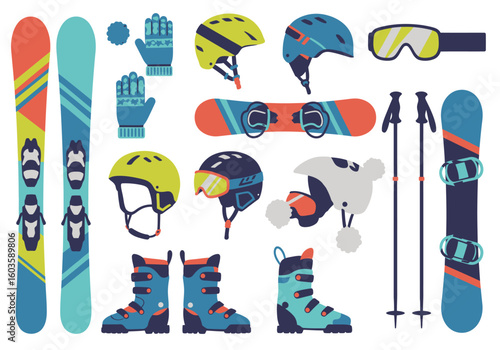 Winter sports equipment skis snowboard helmets gloves boots goggles poles