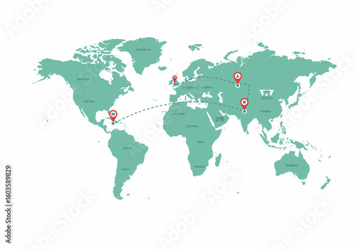 World map illustration showing travel route with location pins
