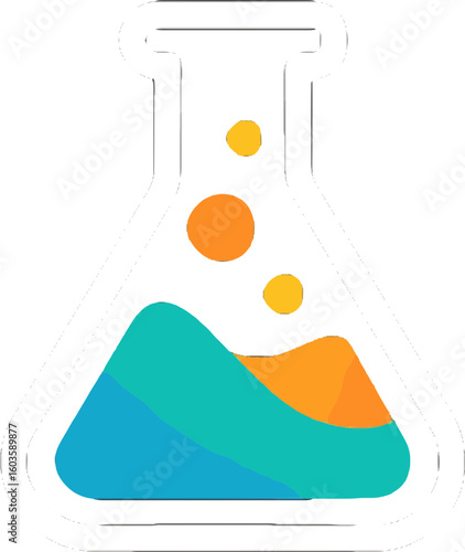 stylized erlenmeyer flask with wavy blue and orange chemical liquid