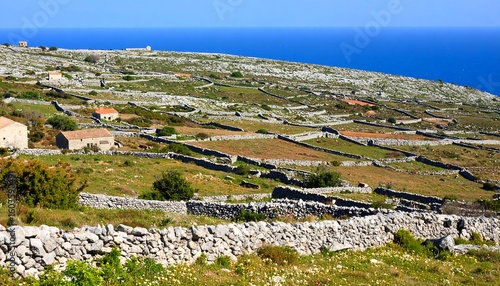 Coastal farm landscape with dry stone walls