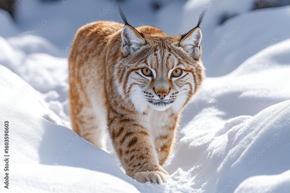 Fototapeta premium A lynx walking through snow.