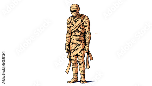 Dejected Ancient Egyptian Mummy Character on Blue Background
