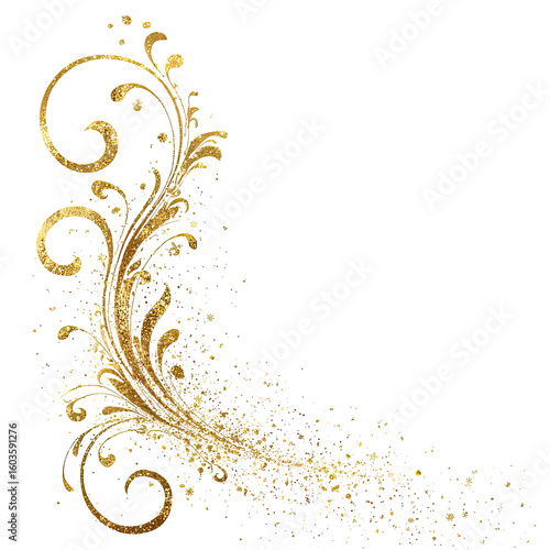 Ornate gold flourish design, corner piece, with a textured, cascading effect