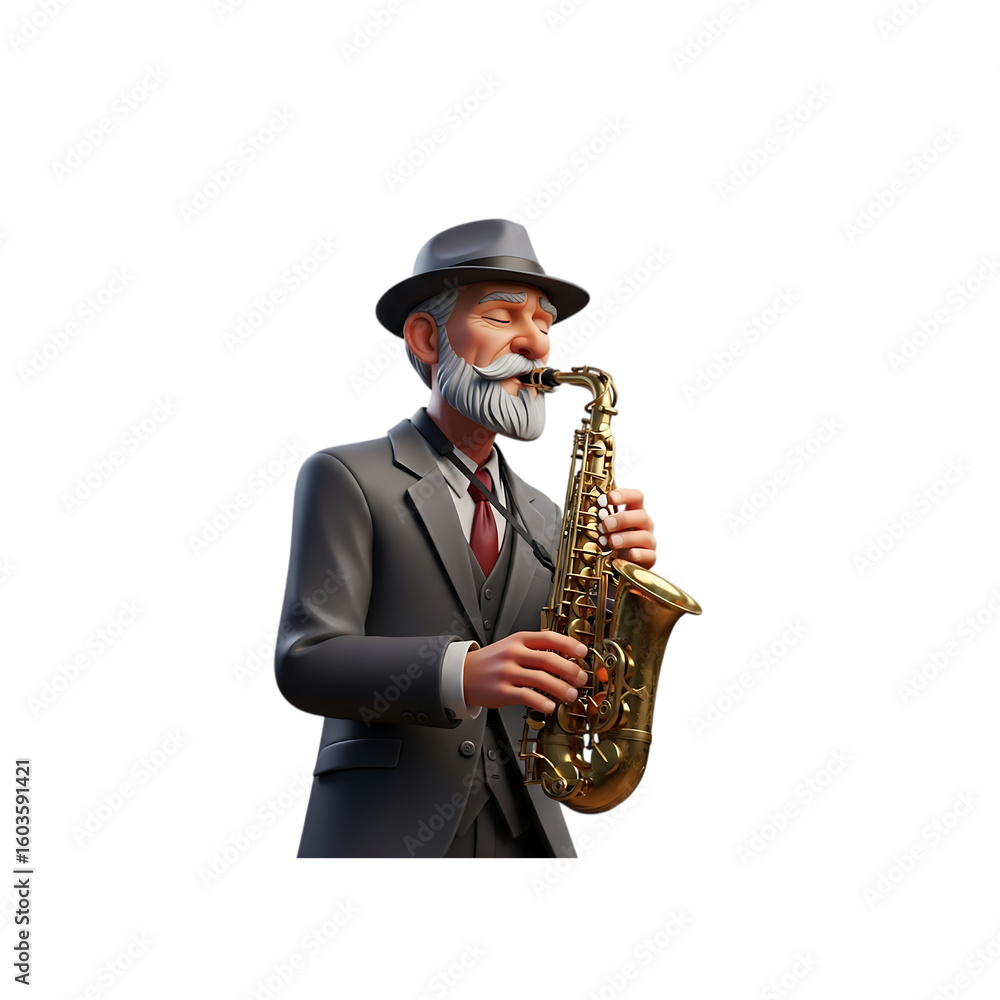Fototapeta premium Elderly gentleman in a suit plays a golden saxophone, eyes closed in musical concentration.