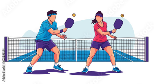 Pickleball Doubles Team in Action - Vector Illustration