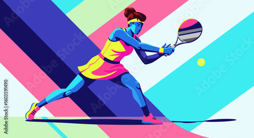 Woman Tennis Player Hitting Ball, Dynamic Flat Art Illustration
