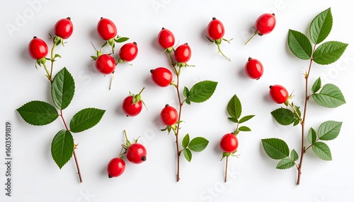 Artistic Flat Lay of Fresh Wild Rose Hips and Leaves on a Clean White Background.