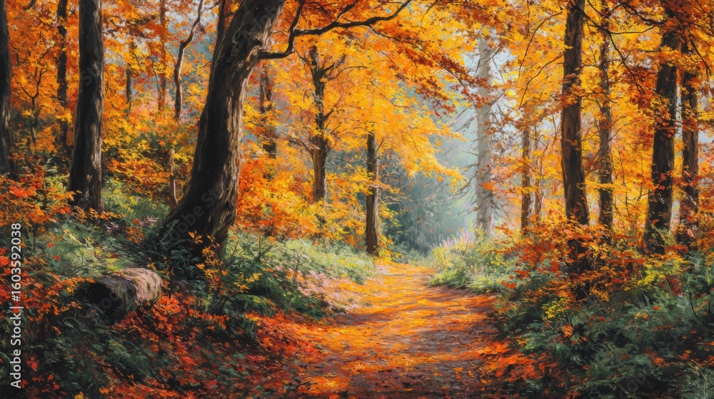 Obraz premium Vibrant Autumn Forest Pathway with Golden Leaves and Soft Sunlight Filtering Through Trees