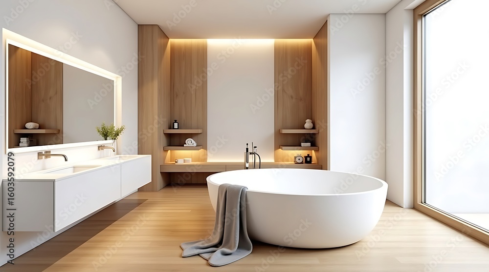 Fototapeta premium Modern minimalist bathroom with freestanding tub and double vanity