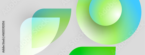 Abstract shapes overlap, creating vibrant green, blue gradients. Minimalist design suggests technology, innovation, future concepts. Light background enhances visual impact.