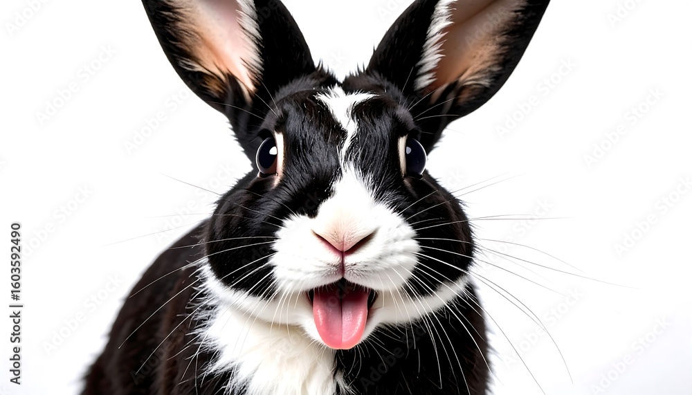 Obraz premium Close-up of a black and white rabbit with open mouth