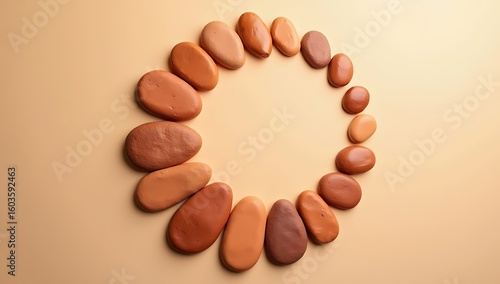 An overhead minimalist view of rounded earthy-colored tiles forming a loose spiral pattern on a soft sand-colored background.


