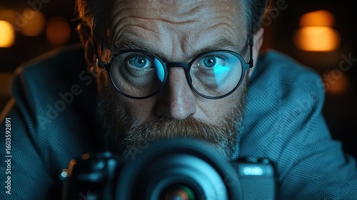 A focused individual with glasses and a beard, looking intently at a camera.