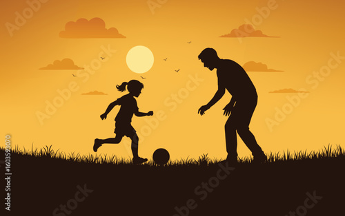 Silhouette of father and daughter playing football at sunset – vector concept