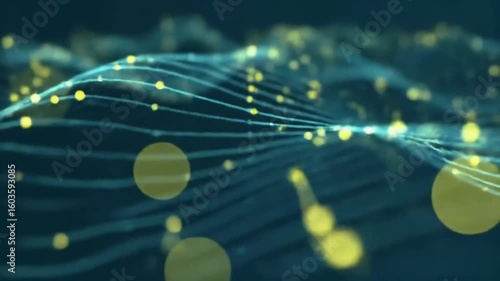 Abstract blue lines with yellow dots forming a wavy pattern on a dark blue background