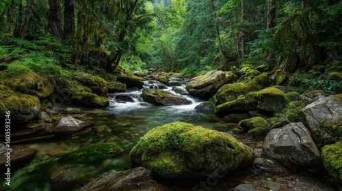 Serene Forest Stream with Lush Greenery and Mossy Rocks in Tranquil Wilderness Setting