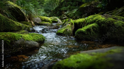 Serene Stream Flowing Through Lush Greenery with Vibrant Moss-covered Rocks in a Peaceful Forest Setting