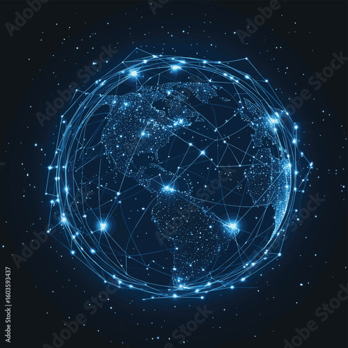 Global satellite network connecting Earth, symbolizing communication, technology, and worldwide connectivity, vector style simple color