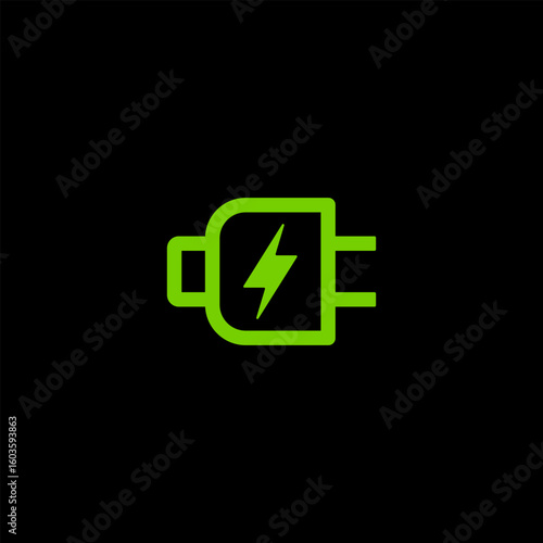Electric Plug Logo with Energy Symbol. Green Power Charging Connector Icon.