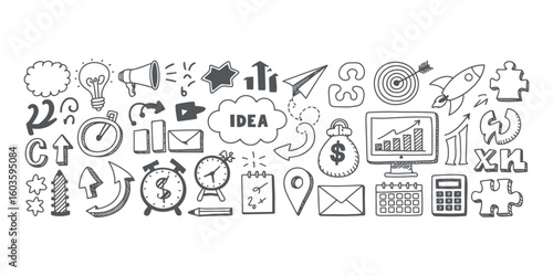 Doodle icons for business success planning and strategy development vector