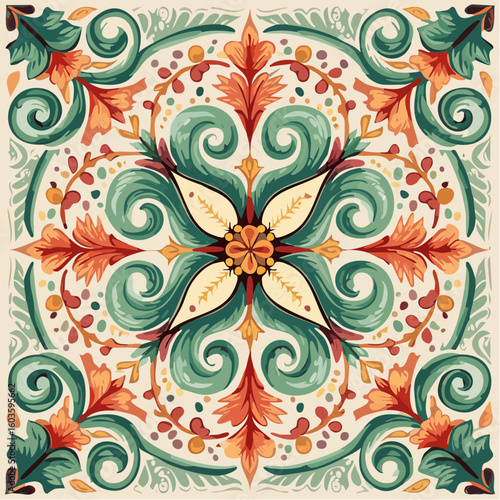 scandi leaf swirl tile in teal and off-white, layered svg with elegant nordic folk art design featuring swirling botanical motifs