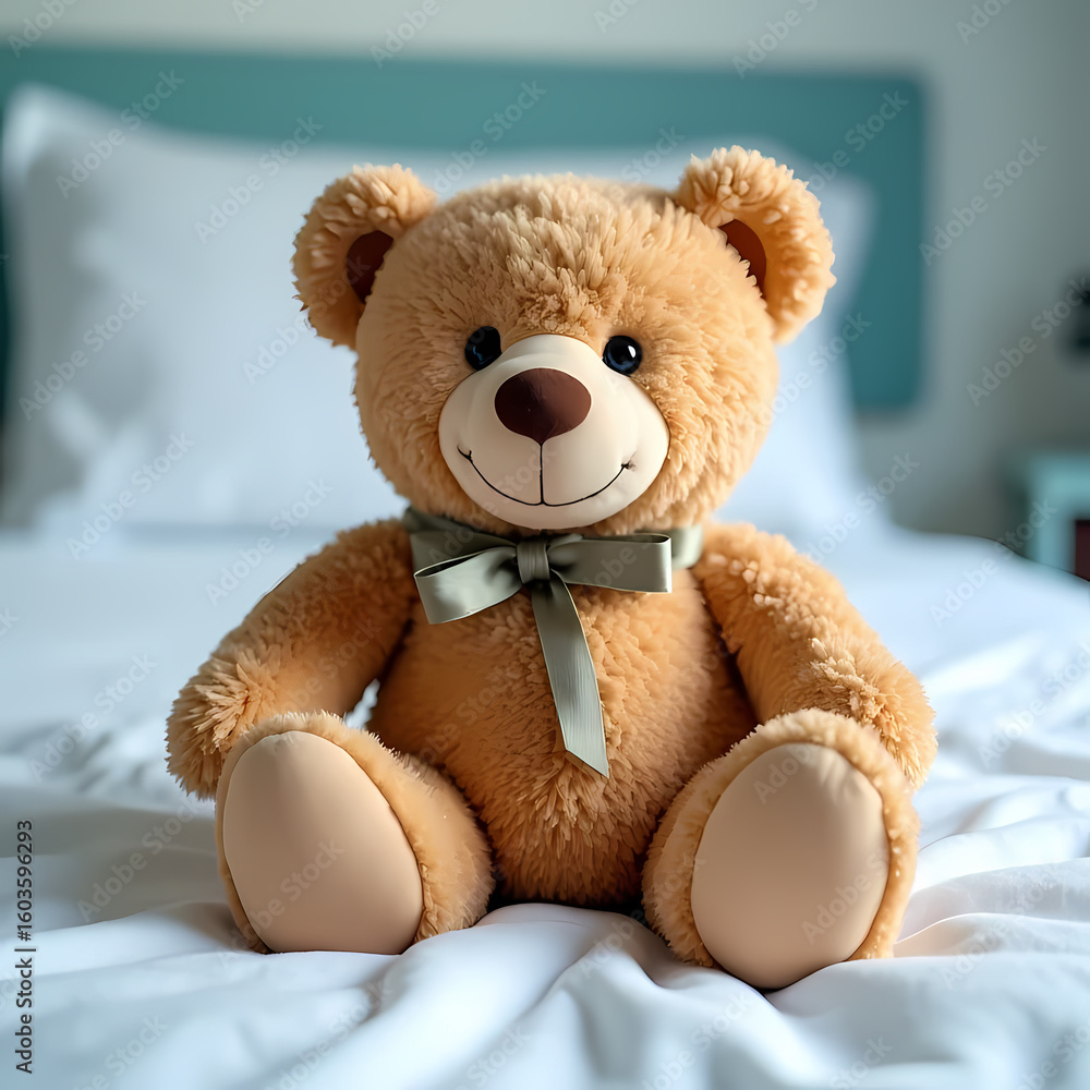 Obraz premium Cancer Awareness, A teddy bear with a ribbon tied around its neck sitting on a hospital bed
