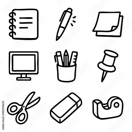 A set of doodle line icons showing common office and stationery items like notebook, pen, sticky notes, monitor, scissors, and tape dispenser
