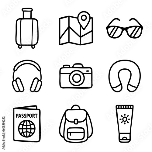 A set of doodle line icons representing travel essentials like luggage, passport, camera, map, sunscreen, and comfort accessories for trips