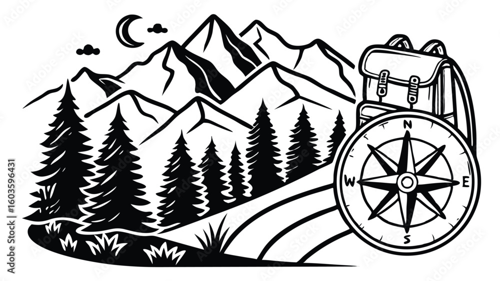Fototapeta premium Mountain peaks forest trees backpack compass moon and clouds pine