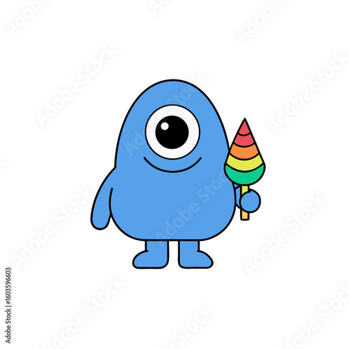 Cute blue monster holding a colorful ice cream cone