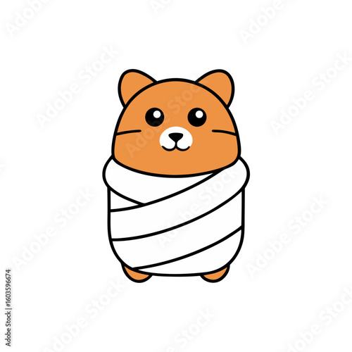 Cute cartoon hamster wrapped in bandages looking unwell