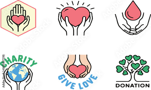 Illustrative Icons of Charity and Donation Hand Holding Heart, Globe, Blood Drop and Tree, Concepts of Philanthropy