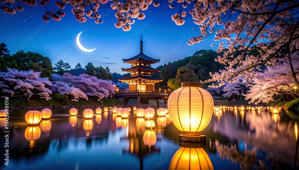 Obraz premium Enchanting Sakura Night: Pagoda and Floating Lanterns Under a Crescent Moon.