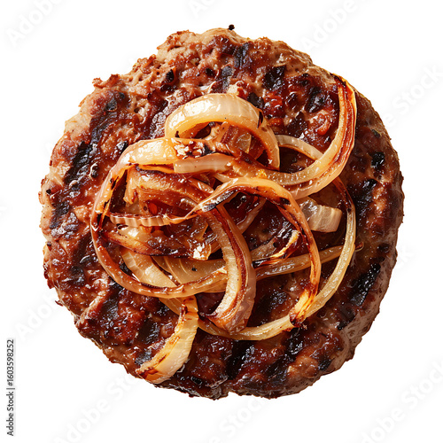Grilled Burger Patty Topped with Caramelized Onions