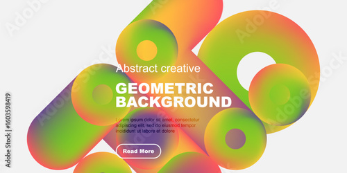Colorful abstract shapes overlap, creating vibrant geometric background. Text present includes title, sample text, button. Modern design elements visible.