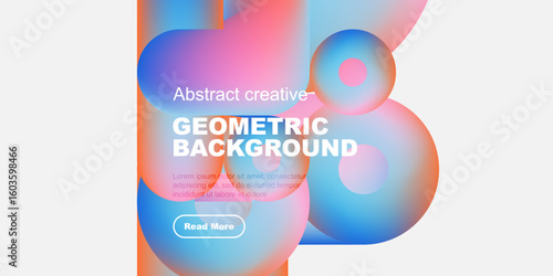 Abstract geometric shapes, vibrant colors, modern design. Text includes geometric background, plus sample text, button. Clean aesthetic.
