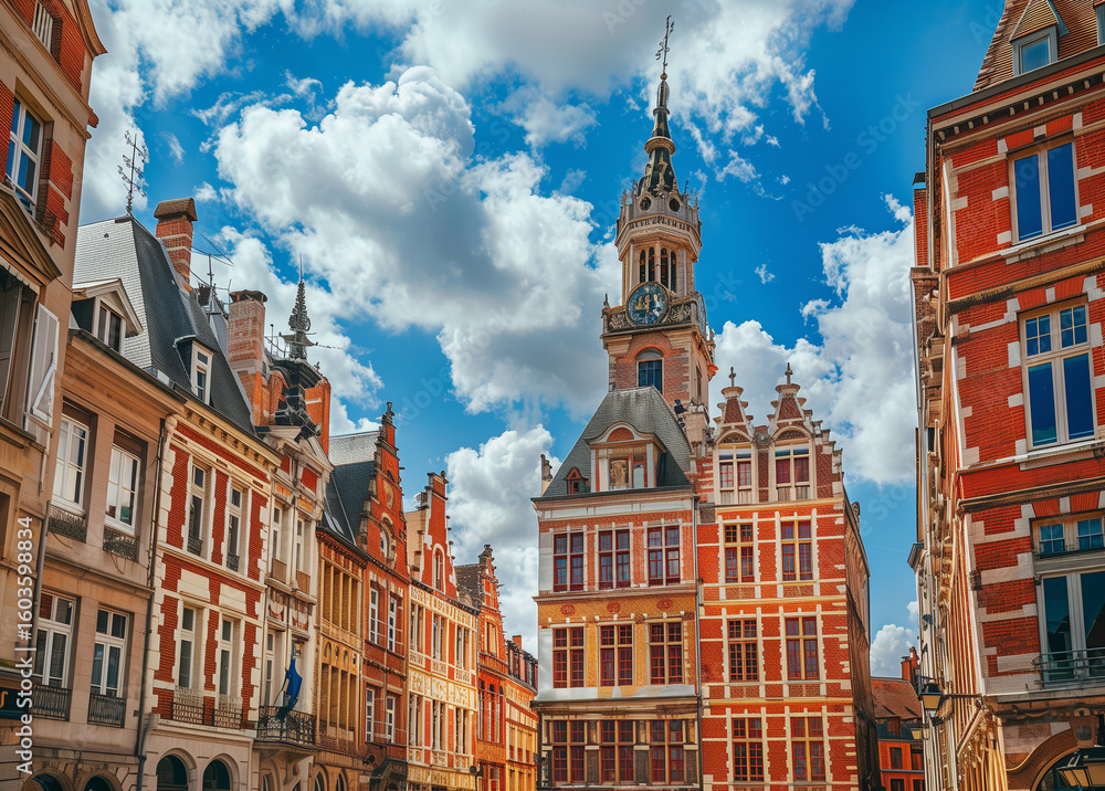 Obraz premium Historic red brick building under evening skies captured with a wide-angle lens