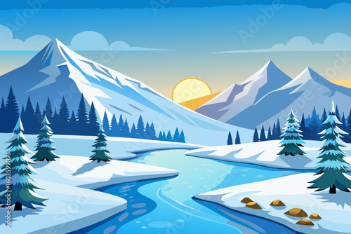 Winter Mountain Landscape with Frozen Lake and Pine Trees – Snowy Scenic Illustration