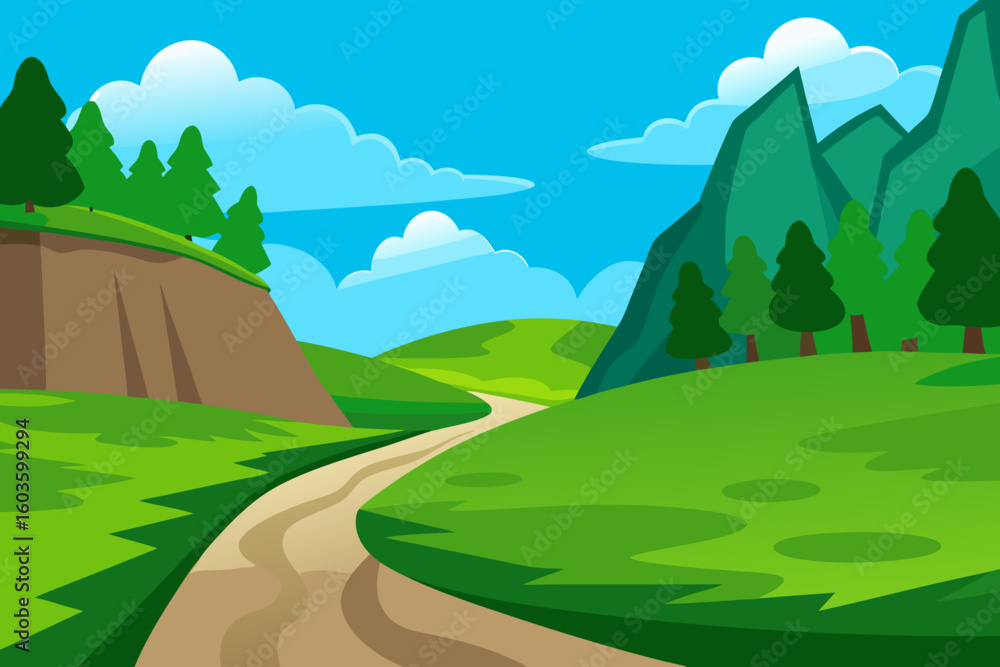 Obraz premium Scenic Mountain Landscape with Winding Path – Green Hills and Blue Sky Illustration