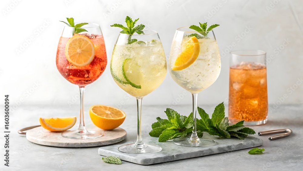 Fototapeta premium Refreshing summer cocktails with fruit and mint garnish