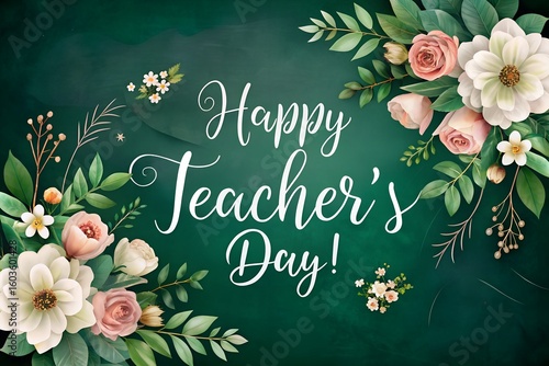 Elegant Happy Teachers Day Greeting with Floral Border on Green Background