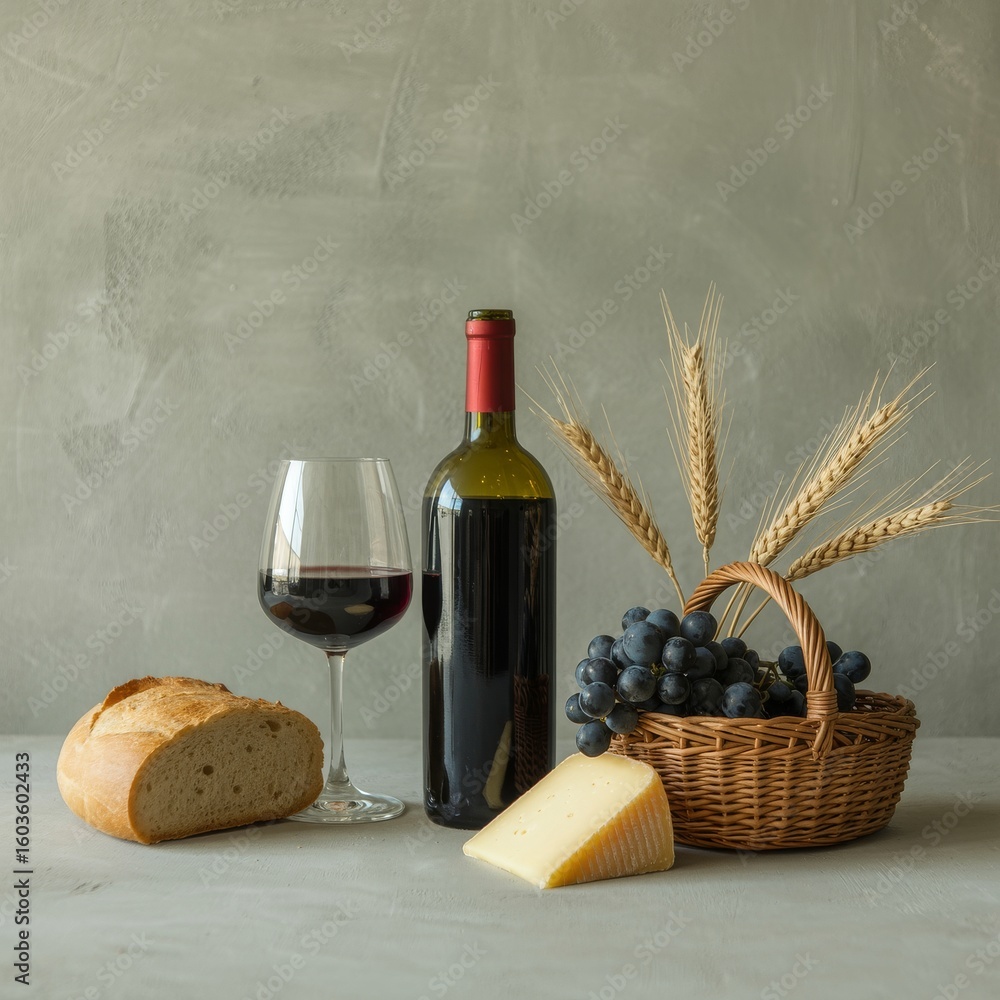 Naklejka premium Red wine bottle glass grapes cheese bread wheat wine glass