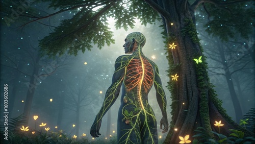 Anatomical figure with glowing nervous system in a mystical forest isolated on white background