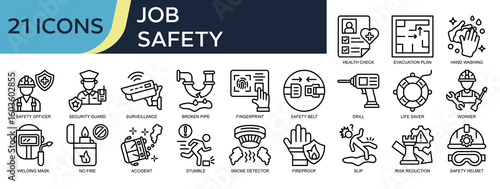Collection of Job Safety icons, related to Health check, evacuation plan, construction worker, safety belt, surveillance and more. Outline icons vector illustation.