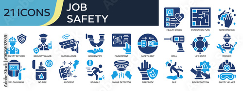 Collection of Job Safety icons, related to Health check, evacuation plan, construction worker, safety belt, surveillance and more. Solid icons vector illustation.