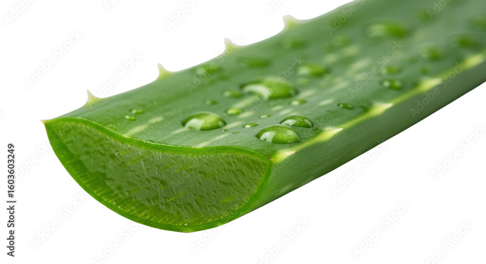 Fototapeta premium Aloe vera leaf slice with water droplets for wellness isolated PNG with Transparent Background