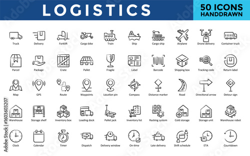 Logistics icons set with truck, delivery, forklift, cargo bike, train, ship, cargo ship, airplane, drone delivery, container truck icon. Simple hand drawn vector 
