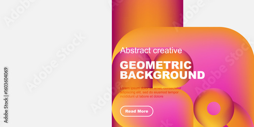Vibrant abstract design. Gradient colors, geometric shapes, text overlay, button present. Modern visual composition.