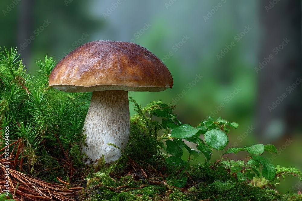 Fototapeta premium A single robust brown capped mushroom stands tall amidst vibrant green forest foliage and mossy ground cover