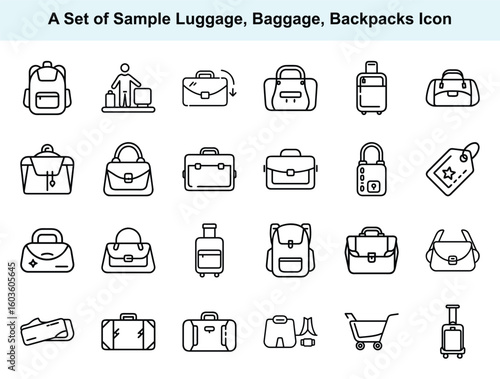 Line art showcases diverse luggage and bags collection